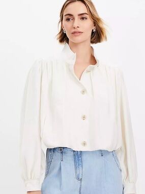 LOFT Ivory Button-Front Puff Sleeve Swing Jacket